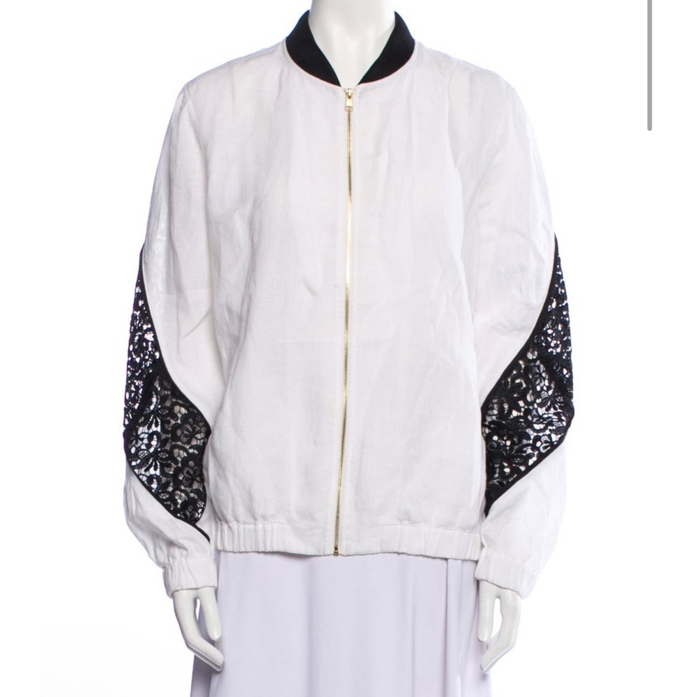 Escada Sport White‎ Linen Lace Bomber Jacket Zip Up Black Collar Size 44 L/XL